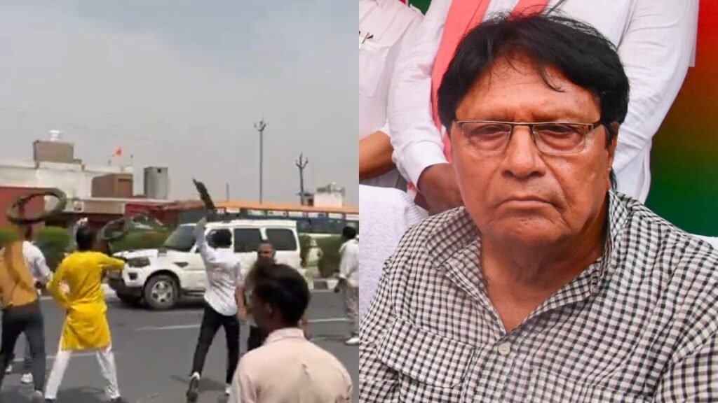 अलीगढ़-में-सपा-सांसद-रामजीलाल-सुमन-के-काफिले-पर-हमला,-करणी-सेना-ने-गाड़ियों-के-ऊपर-फेंके-टायर